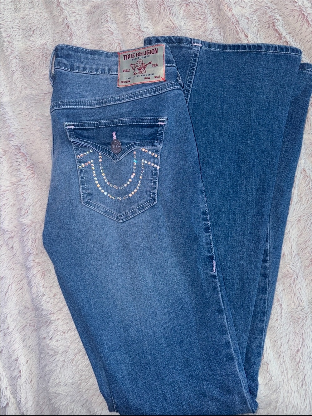 True Religion Blue Rhinestone Pocket Bootcut Jeans